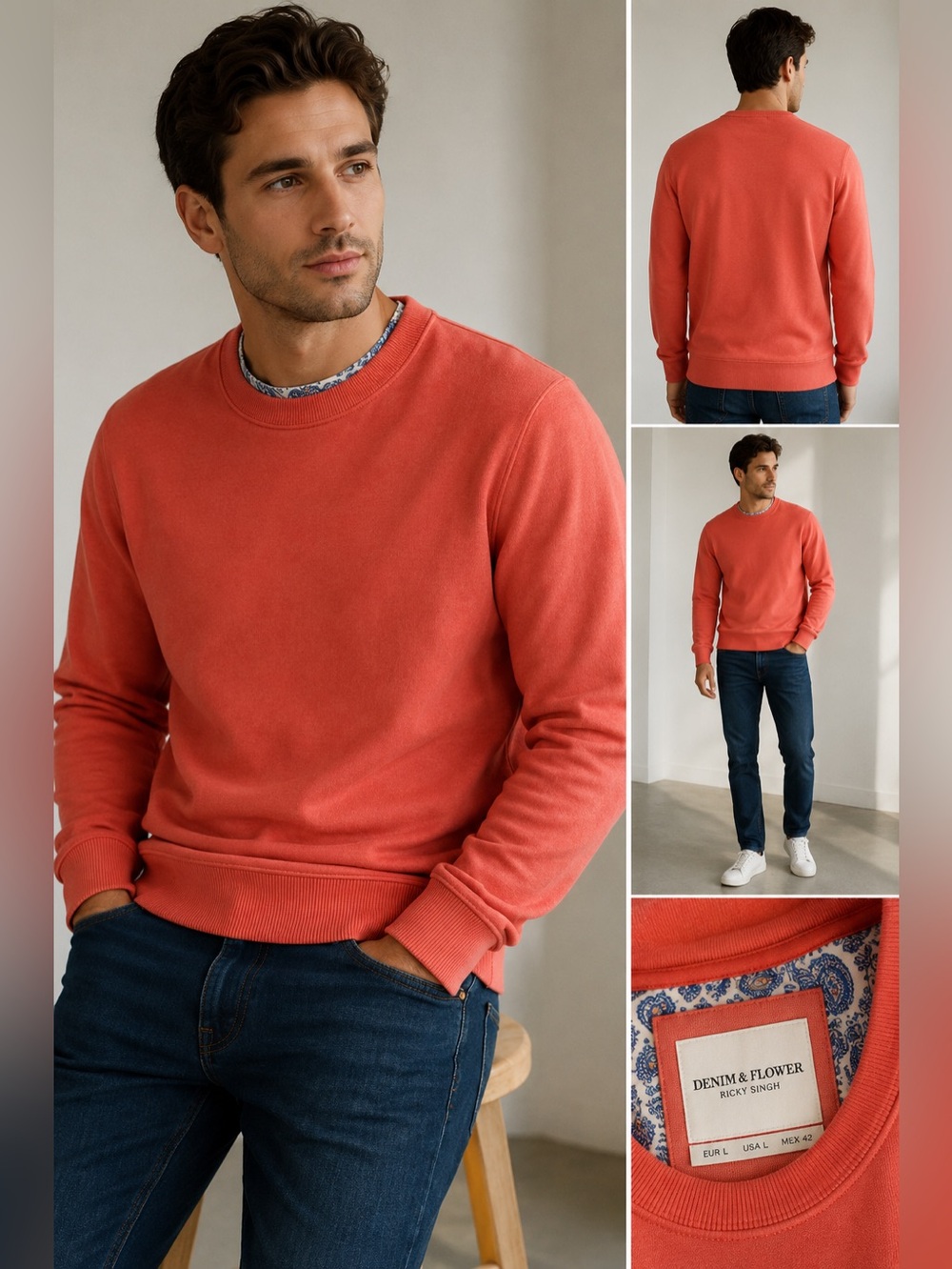Denim & Flower Ricky Singh Men’s Coral Crewneck Sweatshirt Size Large